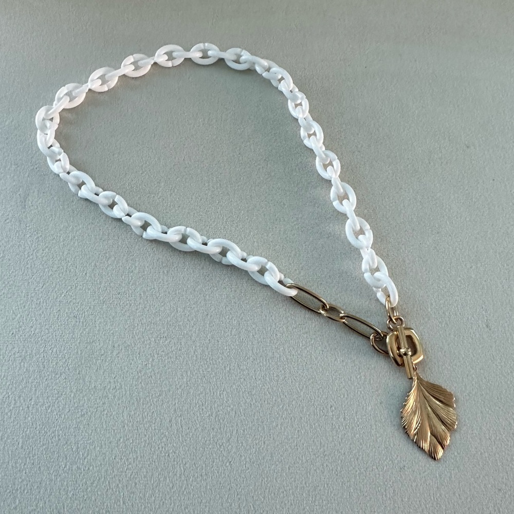 White Resin Chain Toggle Necklace with Gold Leaf Charm Modern Statement